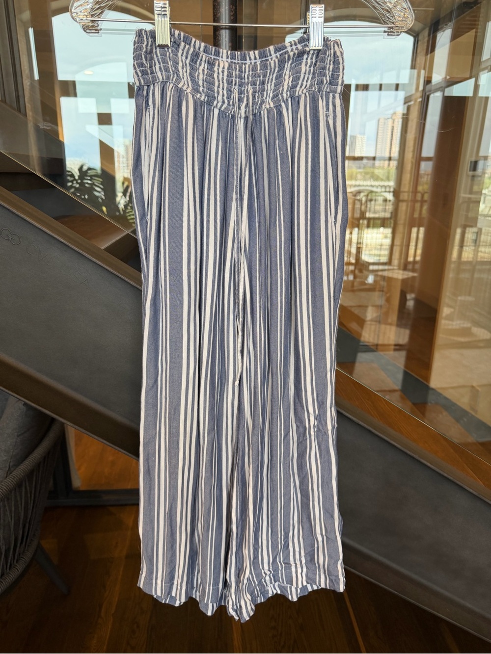 Hollister Blue and White Vertical Stripe High Waisted Tie Pant